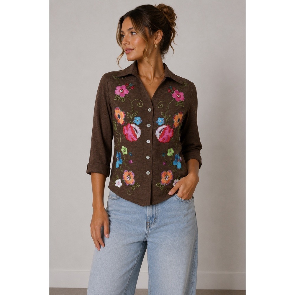 Silkland Brown Floral Embroidered Y2K Boho Silk Cropped Jacket Small